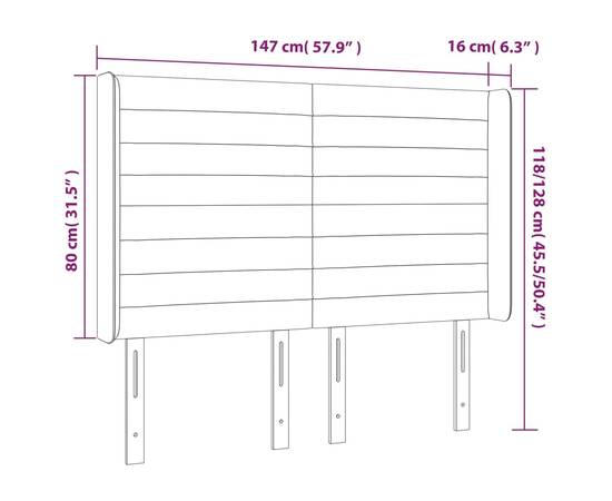 Tăblie de pat cu led, gri închis, 147x16x118/128 cm, catifea, 6 image