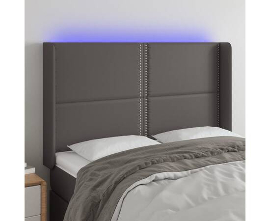 Tăblie de pat cu led, gri, 147x16x118/128 cm, piele ecologică