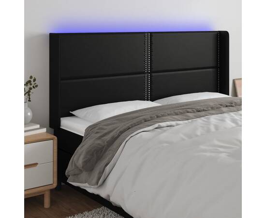 Tăblie de pat cu led, negru, 183x16x118/128 cm, piele ecologică