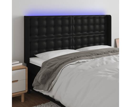 Tăblie de pat cu led, negru, 203x16x118/128 cm, piele ecologică