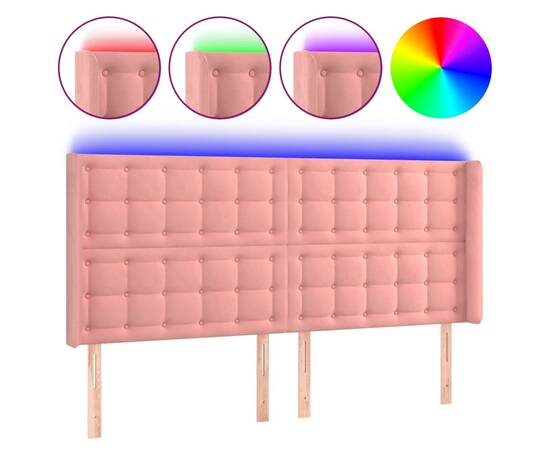 Tăblie de pat cu led, roz, 183x16x118/128 cm, catifea, 2 image