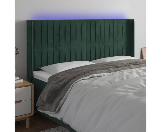 Tăblie de pat cu led, verde închis, 163x16x118/128 cm, catifea