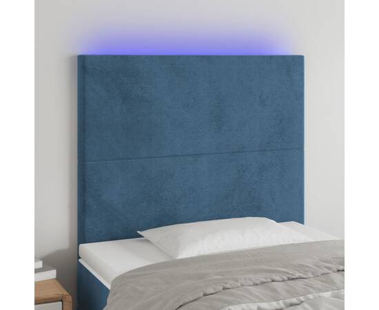Tăblie de pat cu led, albastru închis, 100x5x118/128cm, catifea
