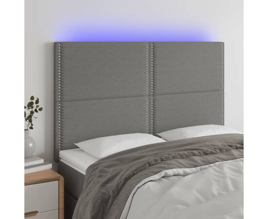 Tăblie de pat cu led, gri închis, 144x5x118/128 cm, textil