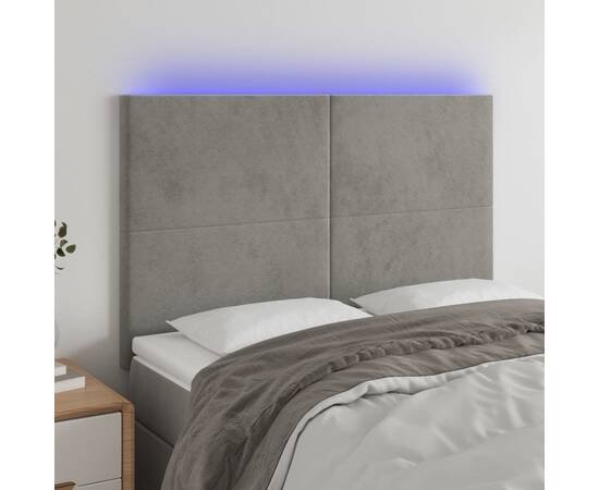 Tăblie de pat cu led, gri deschis, 144x5x118/128 cm, catifea
