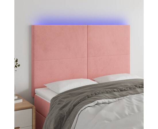Tăblie de pat cu led, roz, 144x5x118/128 cm, catifea