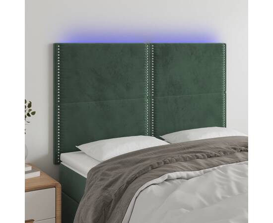 Tăblie de pat cu led, verde închis, 144x5x118/128 cm, catifea