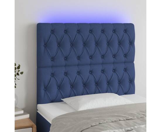 Tăblie de pat cu led, albastru, 90x7x118/128 cm, textil