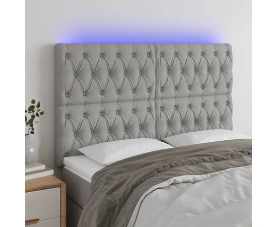 Tăblie de pat cu led, gri deschis, 144x7x118/128 cm, textil