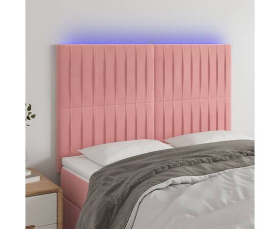 Tăblie de pat cu led, roz, 144x5x118/128 cm, catifea