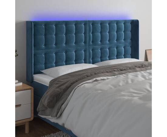 Tăblie de pat cu led, albastru închis, 183x16x118/128cm catifea