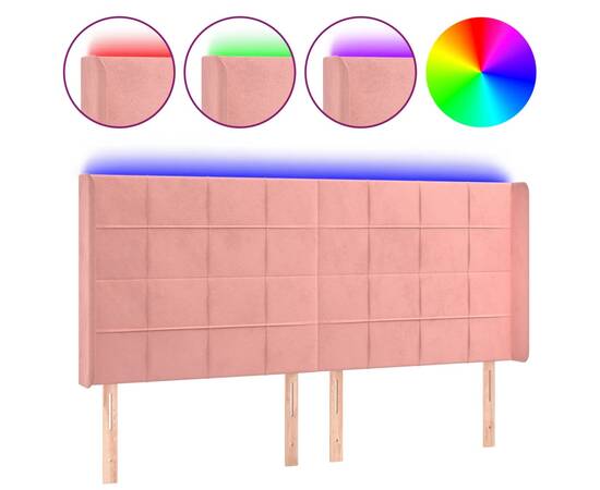 Tăblie de pat cu led, roz, 163x16x118/128 cm, catifea, 2 image