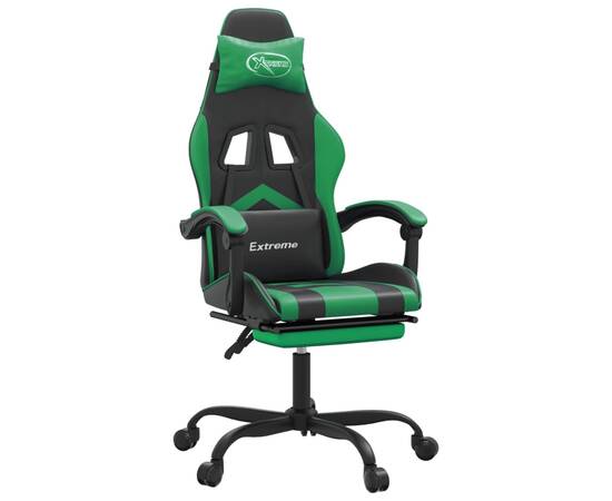 Scaun de gaming pivotant/suport picioare negru/verde piele eco, 2 image