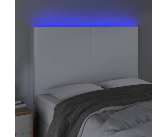 Tăblie de pat cu led, alb, 144x5x118/128 cm, piele ecologică, 3 image
