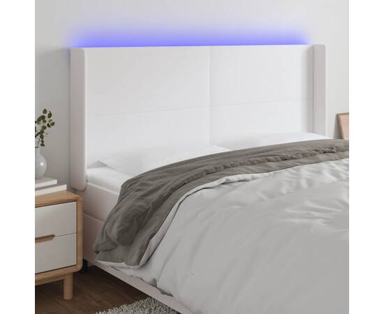 Tăblie de pat cu led, alb, 163x16x118/128 cm, piele ecologică