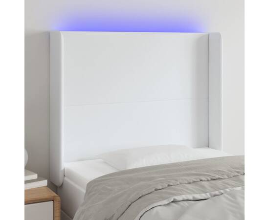 Tăblie de pat cu led, alb, 83x16x118/128 cm, piele ecologică