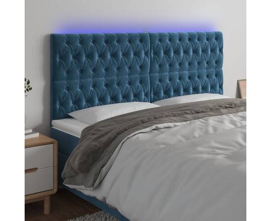 Tăblie de pat cu led, albastru închis, 180x7x118/128cm, catifea
