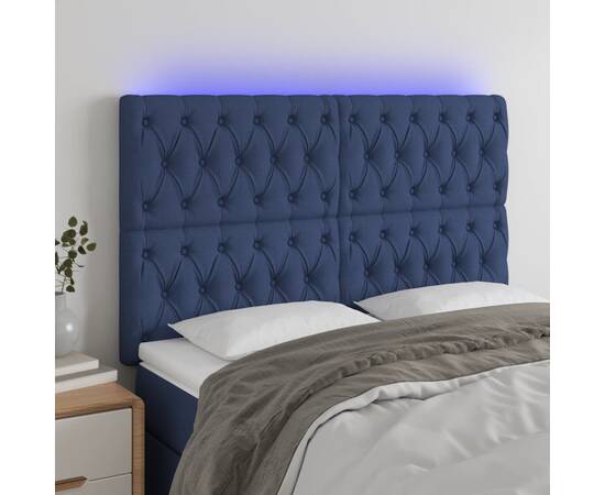 Tăblie de pat cu led, albastru, 144x7x118/128 cm, textil