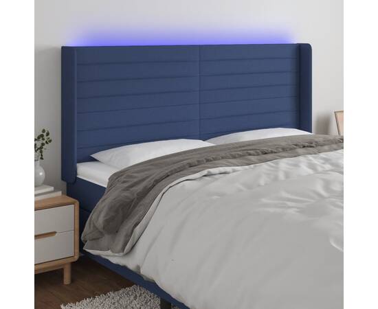 Tăblie de pat cu led, albastru, 163x16x118/128 cm, textil