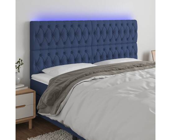 Tăblie de pat cu led, albastru, 180x7x118/128 cm, textil