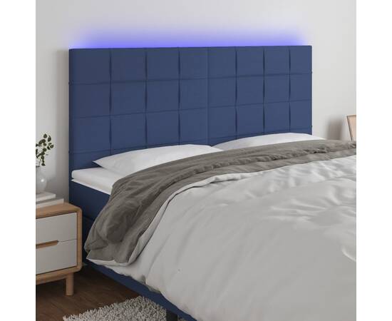 Tăblie de pat cu led, albastru, 200x5x118/128 cm, textil