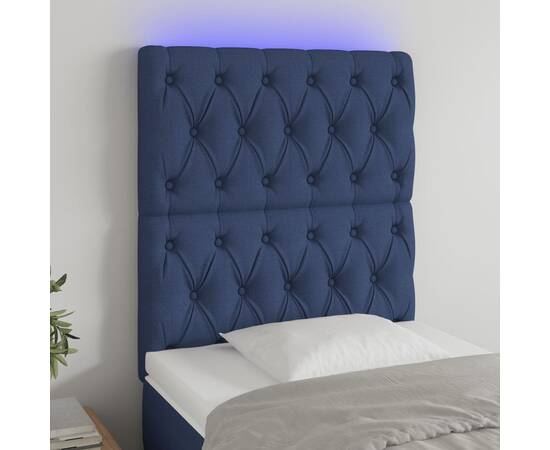 Tăblie de pat cu led, albastru, 80x7x118/128 cm, textil