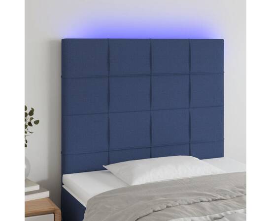 Tăblie de pat cu led, albastru, 90x5x118/128 cm, textil