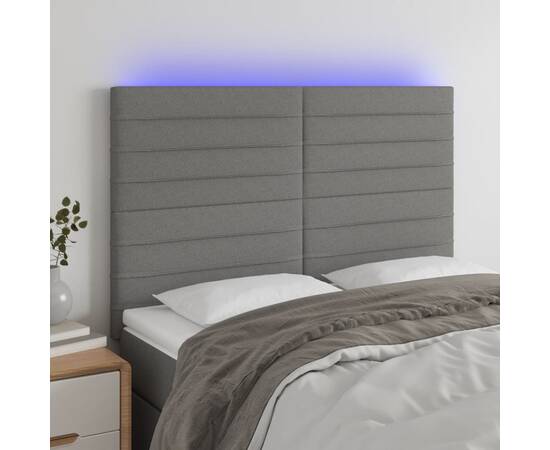 Tăblie de pat cu led, gri închis, 144x5x118/128 cm, textil