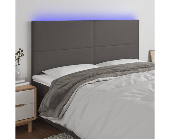 Tăblie de pat cu led, gri, 200x5x118/128 cm, piele ecologică