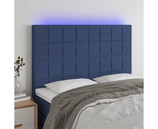 Tăblie de pat cu led, albastru, 144x5x118/128 cm, textil