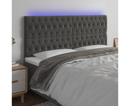 Tăblie de pat cu led, gri închis, 200x7x118/128 cm, textil