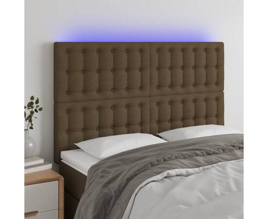 Tăblie de pat cu led, maro închis, 144x5x118/128 cm, textil