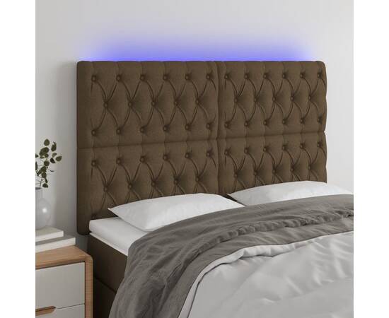 Tăblie de pat cu led, maro închis, 144x7x118/128 cm, textil