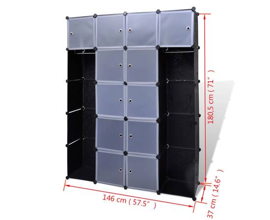 Dulap modular 14 compartimente alb și negru 37 x 146 x 180,5 cm, 6 image