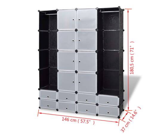 Dulap modular cu 18 compartimente alb și negru 37x146x180,5 cm, 7 image