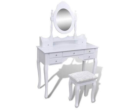 Masă de toaletă cu oglindă și taburet, 7 sertare, alb
