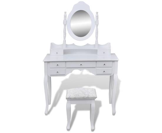 Masă de toaletă cu oglindă și taburet, 7 sertare, alb, 3 image
