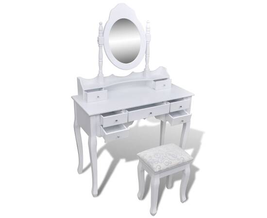 Masă de toaletă cu oglindă și taburet, 7 sertare, alb, 4 image