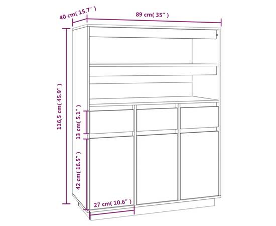 Dulap înalt, gri, 89x40x116,5 cm, lemn masiv de pin, 9 image