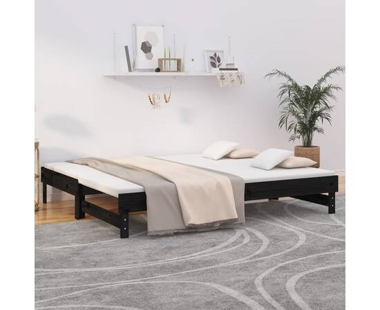 Pat de zi extensibil, negru, 2x(80x200) cm, lemn masiv de pin