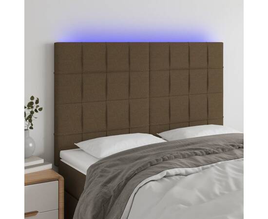 Tăblie de pat cu led, maro închis, 144x5x118/128 cm, textil