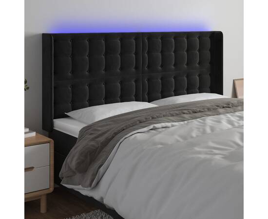 Tăblie de pat cu led, negru, 183x16x118/128 cm, catifea