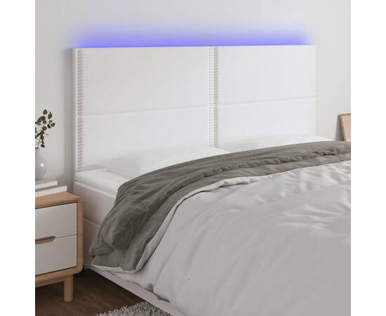 Tăblie de pat cu led, alb, 200x5x118/128 cm, piele ecologică
