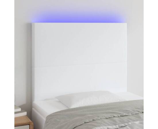 Tăblie de pat cu led, alb, 90x5x118/128 cm, piele ecologică