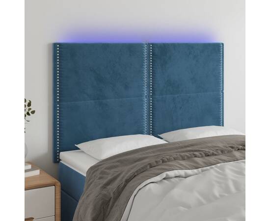 Tăblie de pat cu led, albastru închis, 144x5x118/128cm, catifea