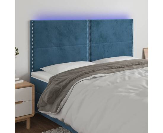 Tăblie de pat cu led, albastru închis, 160x5x118/128cm, catifea