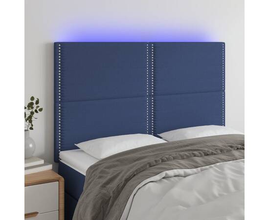 Tăblie de pat cu led, albastru, 144x5x118/128 cm, textil