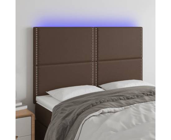 Tăblie de pat cu led, maro, 144x5x118/128 cm, piele ecologică