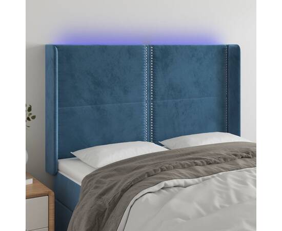 Tăblie de pat cu led, albastru închis, 147x16x118/128cm catifea