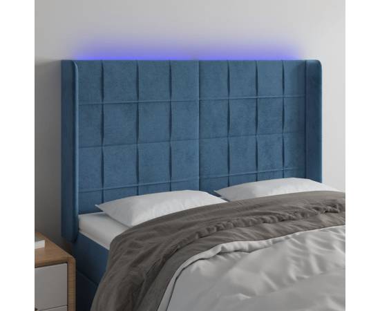 Tăblie de pat cu led, albastru închis, 147x16x118/128cm catifea